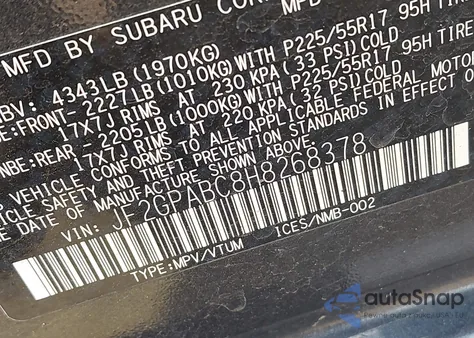 2017 Subaru Crosstrek 2.0I Premium from USA, damaged, VIN JF2GPABC8H8268378